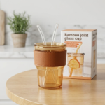 Premium Amber Glass Coffee Tumbler – Travel Mug with Leather Heat Sleeve, Glass Straw (400ml) - Image 2