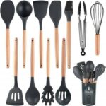 12 Pcs Kitchen Utensils Set | BPA Silicon & Wooden Kitchen Spoon Set | Heat Resistant Kitchen Non toxic Spatula Set with Turner Tongs,Spoon,Brush,Whisk-Wooden Handle - Random Color - Image 2