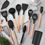 12 Pcs Kitchen Utensils Set | BPA Silicon & Wooden Kitchen Spoon Set | Heat Resistant Kitchen Non toxic Spatula Set with Turner Tongs,Spoon,Brush,Whisk-Wooden Handle - Random Color